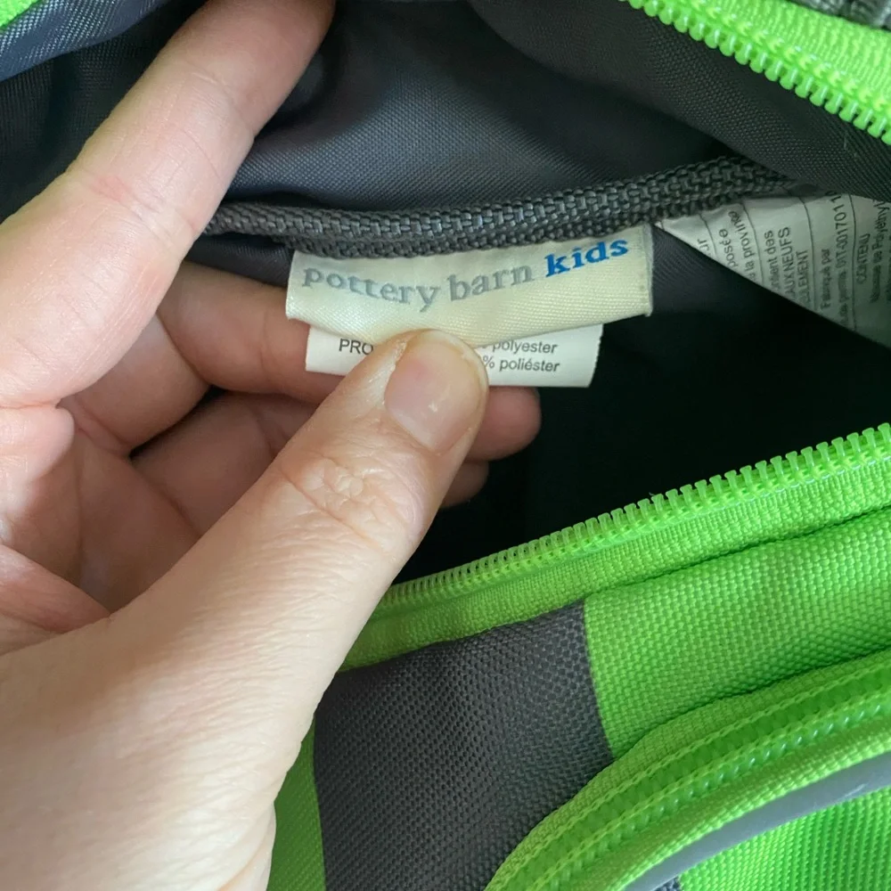 Pottery Barn Kids “Hunter” Green and Gray Striped Small Backpack